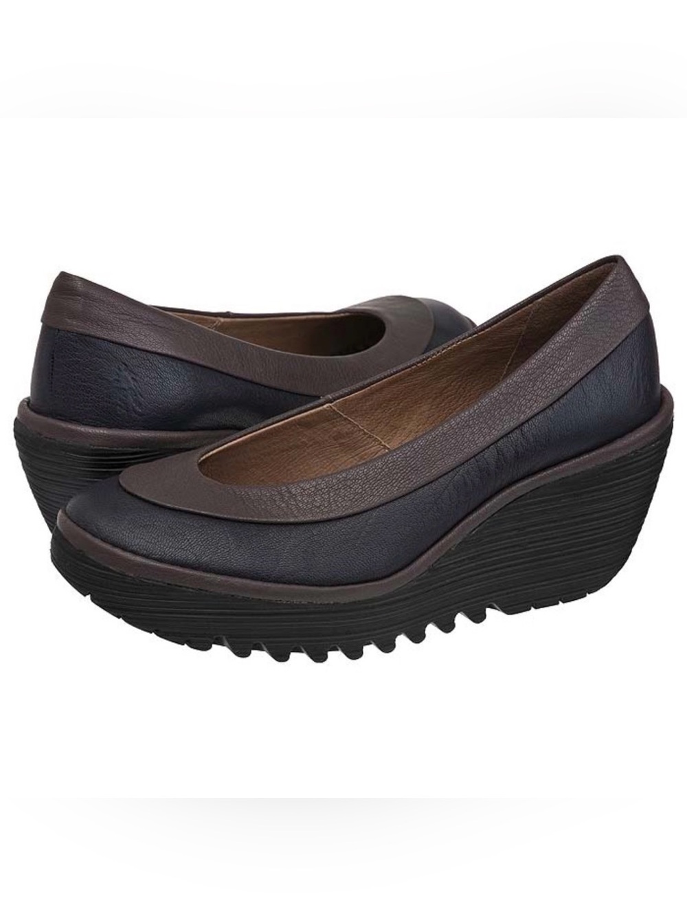 FLY London Yoko Wedge Shoes Black & Brown Leather 39 / 8-8.5